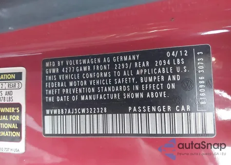 2012 Volkswagen Golf 2.5L 2-Door z USA, uszkodzony, nr VIN WVWBB7AJ3CW322328